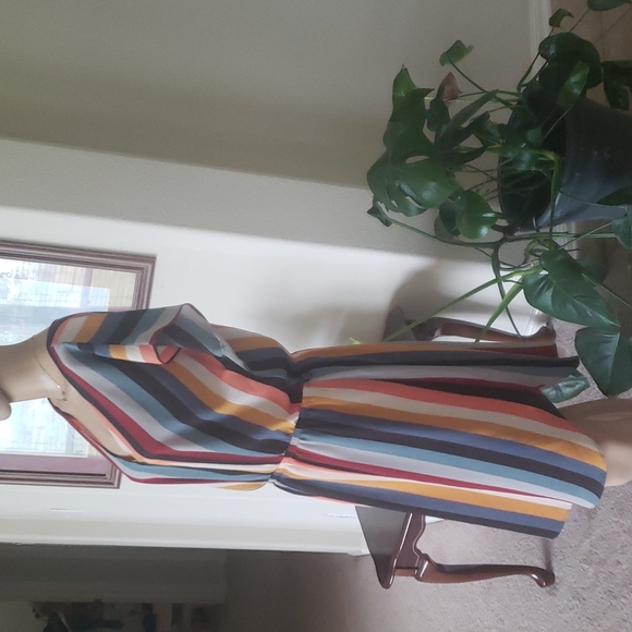 Charming Charlie L deep multicolor stripes vneck shirt dress elastic waist - Picture 4 of 6